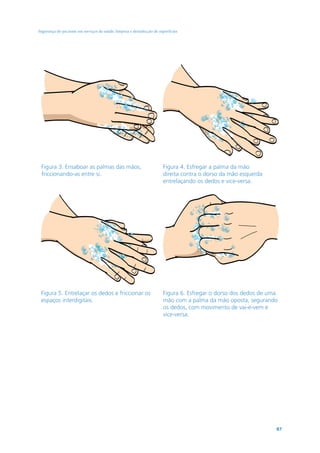 Segurança do paciente em serviços de saúde: limpeza e desinfecção de superfícies

Figura 3. Ensaboar as palmas das mãos,
friccionando-as entre si.

Figura 4. Esfregar a palma da mão
direita contra o dorso da mão esquerda
entrelaçando os dedos e vice-versa.

Figura 5. Entrelaçar os dedos e friccionar os
espaços interdigitais.

Figura 6. Esfregar o dorso dos dedos de uma
mão com a palma da mão oposta, segurando
os dedos, com movimento de vai-e-vem e
vice-versa.

87

 