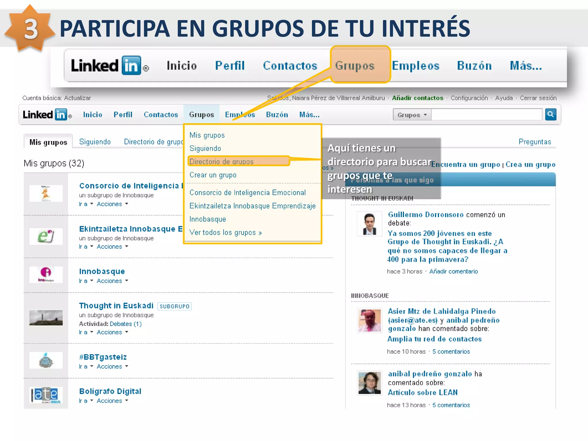          CREA Y AMPLÍA TU RED DE CONTACTOS2Podrás  incluir en tus contactos de Linkedin a los contactos de tu correo electrónico (gmail, yahoo, hotmail,etc)También podrás buscar contactos entre las personas de tu trabajo que tengan LinkedinTambién podrás buscar contactos entre las personas que estudiaron en tu universidadToda esta información está relacionada con la  información que has dado al rellenar tu perfil