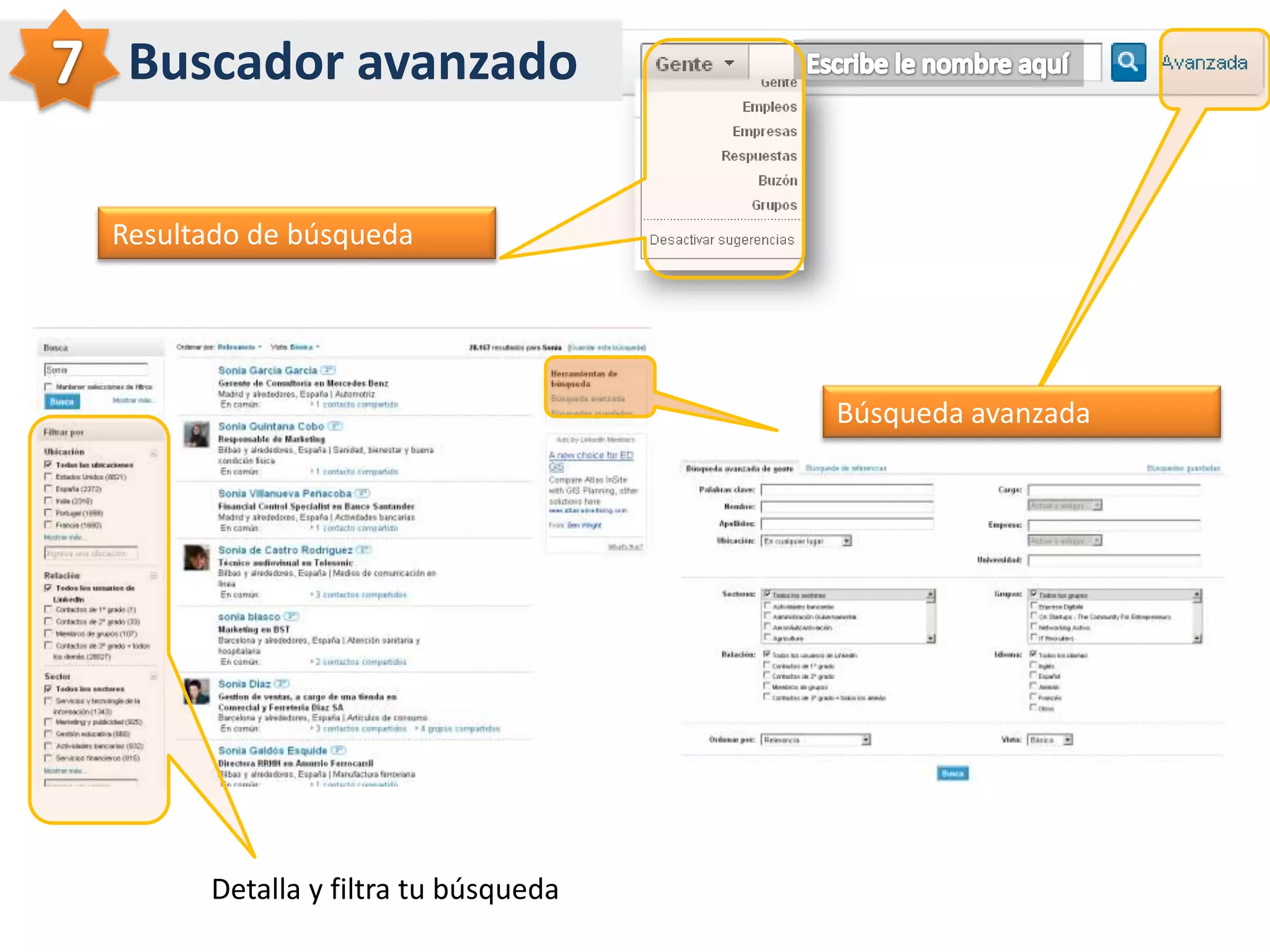          Más funcionalidades2. RespuestasEn esta sección puedes hacer una pregunta (sin tener que  hacerlo en un grupo) y esperar a que profesionales que estén el Linkedin puedan darte una respuesta. También puedes responder a preguntas que han hecho otras personas y así compartir tu conocimiento.Encontrarás una relación de los mejores expertos de la semana6Buscador  y directorio de empresas.123453. Centro de aprendizaje6Ayuda muy completa para usar Linkedin (en ingles) 4.  Gestionar invitaciones a eventos 5. Aplicaciones que usas en Linkedin