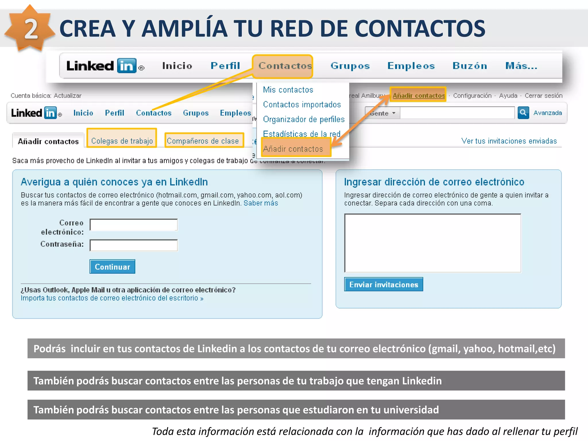          CREA TU PERFIL PROFESIONAL1Puedes recomendar  a personas o pedir que te recomiendenPuedes conectar tu canal twitter con LinkedinPuedes imprimir tu CV o descargártelo en PDFSi no quieres rellenar paso a paso tu CV puedes importar uno que tengas ya hecho