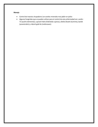 Manejo

        Control de insectos chupadores con aceites minerales mas jabón en polvo
        Algunos fungicidas que se pueden utilizar para el control de esta enfermedad son: azufer-
         71 (azufre elemental), cupravit hidro (hidróxido cuprico), aliette (fosetil aluminio), bankit
         (azoxistrobin) y ridomil gold 4e (mefenoxan).
 
