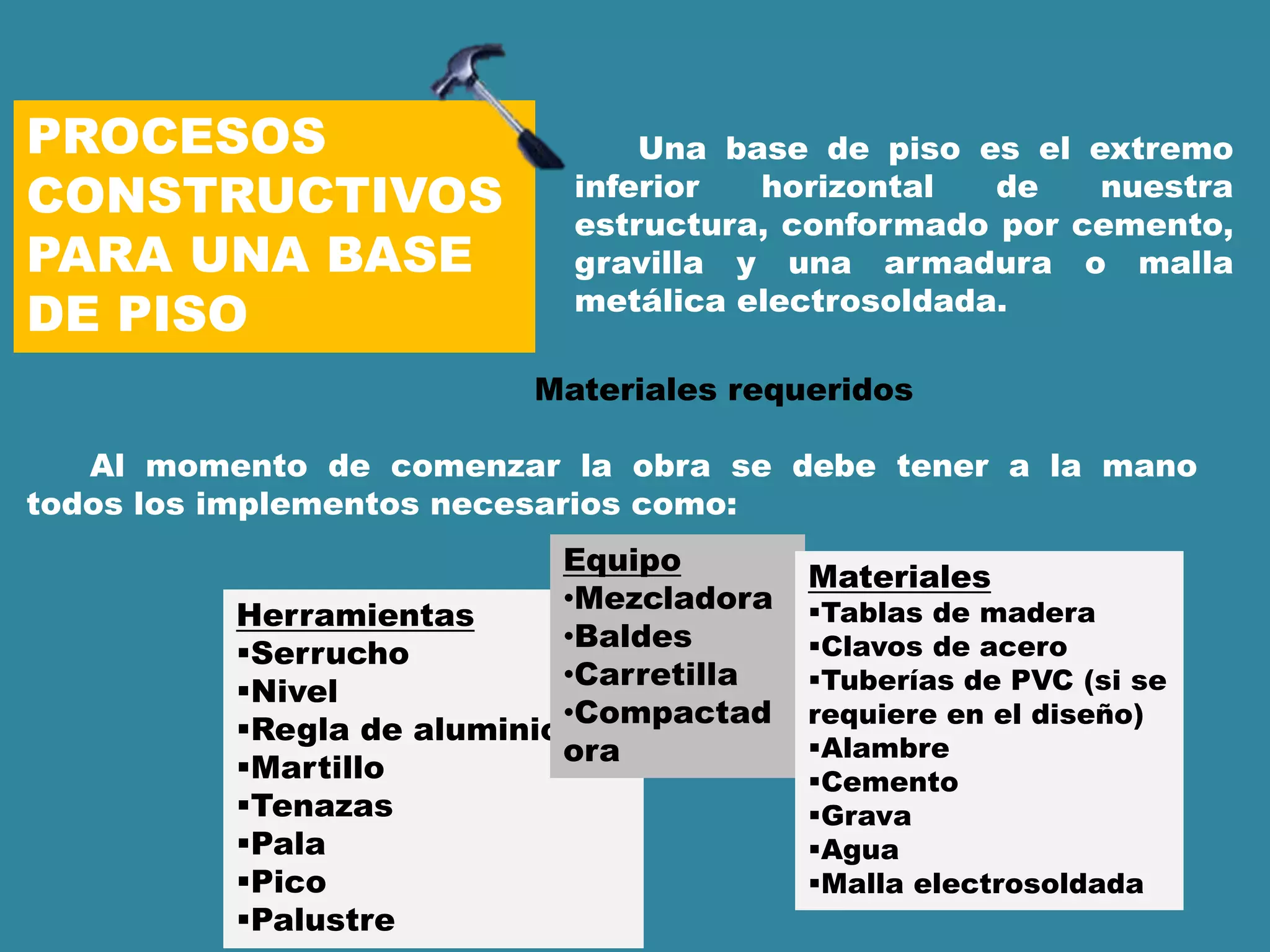 PROCESOS
CONSTRUCTIVOS
PARA UNA BASE
DE PISO
Una base de piso es el extremo
inferior horizontal de nuestra
estructura, conformado por cemento,
gravilla y una armadura o malla
metálica electrosoldada.
Materiales requeridos
Al momento de comenzar la obra se debe tener a la mano
todos los implementos necesarios como:
Herramientas
Serrucho
Nivel
Regla de aluminio
Martillo
Tenazas
Pala
Pico
Palustre
Equipo
•Mezcladora
•Baldes
•Carretilla
•Compactad
ora
Materiales
Tablas de madera
Clavos de acero
Tuberías de PVC (si se
requiere en el diseño)
Alambre
Cemento
Grava
Agua
Malla electrosoldada
 