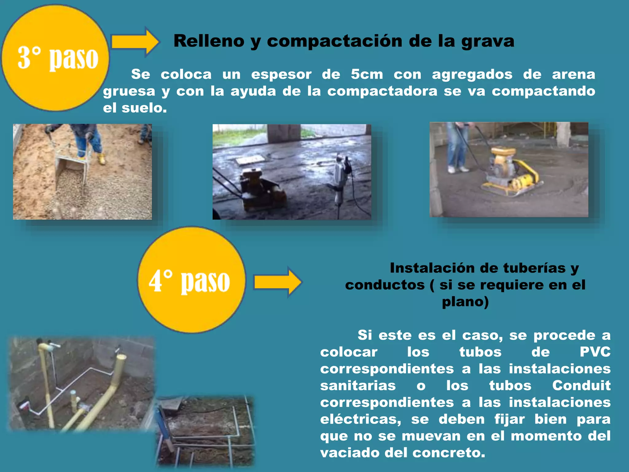 Relleno y compactación de la grava
Se coloca un espesor de 5cm con agregados de arena
gruesa y con la ayuda de la compactadora se va compactando
el suelo.
Instalación de tuberías y
conductos ( si se requiere en el
plano)
Si este es el caso, se procede a
colocar los tubos de PVC
correspondientes a las instalaciones
sanitarias o los tubos Conduit
correspondientes a las instalaciones
eléctricas, se deben fijar bien para
que no se muevan en el momento del
vaciado del concreto.
 