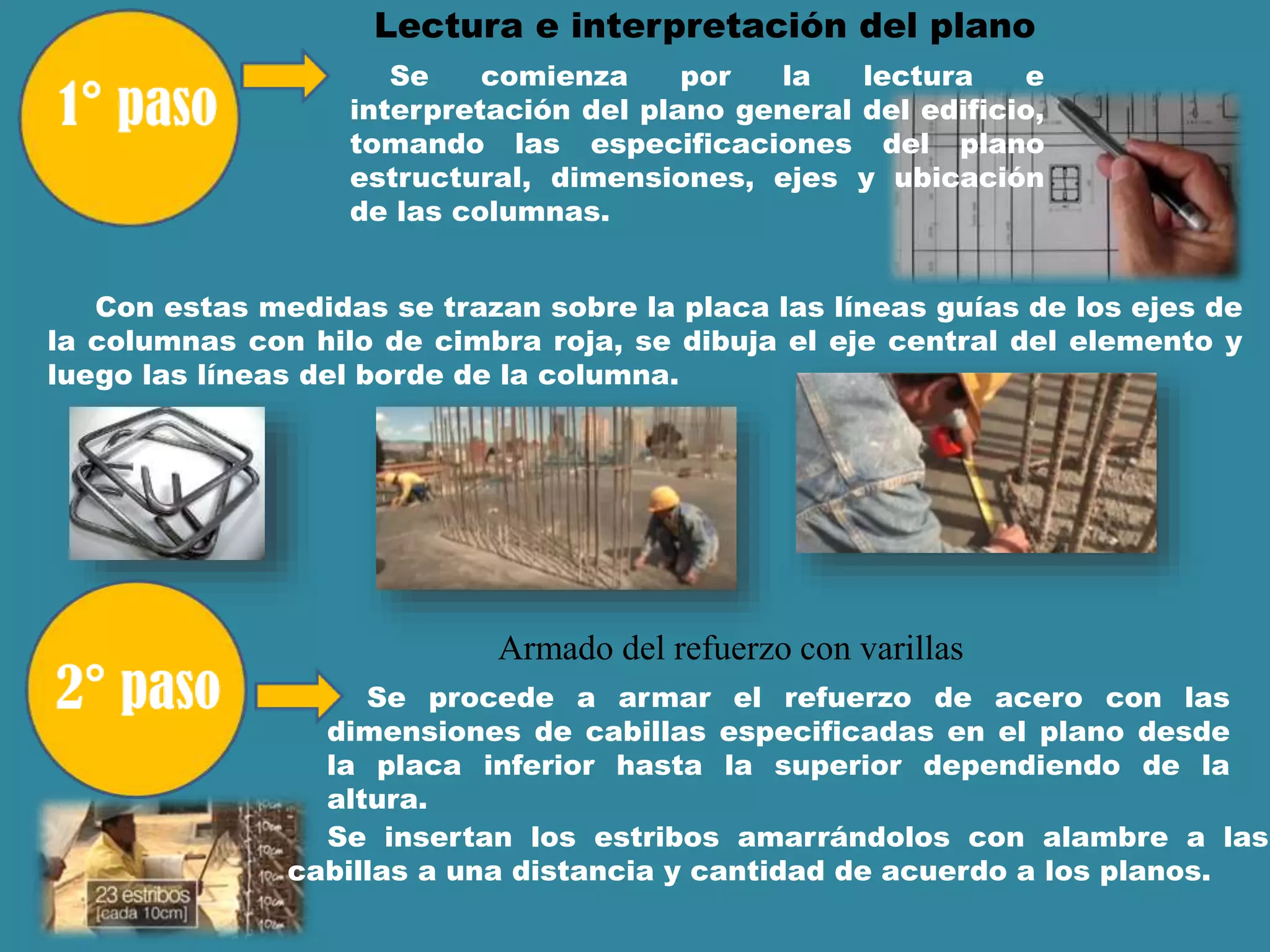Lectura e interpretación del plano
Se comienza por la lectura e
interpretación del plano general del edificio,
tomando las especificaciones del plano
estructural, dimensiones, ejes y ubicación
de las columnas.
Con estas medidas se trazan sobre la placa las líneas guías de los ejes de
la columnas con hilo de cimbra roja, se dibuja el eje central del elemento y
luego las líneas del borde de la columna.
Armado del refuerzo con varillas
Se procede a armar el refuerzo de acero con las
dimensiones de cabillas especificadas en el plano desde
la placa inferior hasta la superior dependiendo de la
altura.
Se insertan los estribos amarrándolos con alambre a las
cabillas a una distancia y cantidad de acuerdo a los planos.
 