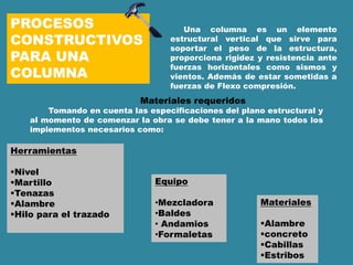PROCESOS
CONSTRUCTIVOS
PARA UNA
COLUMNA
Una columna es un elemento
estructural vertical que sirve para
soportar el peso de la estructura,
proporciona rigidez y resistencia ante
fuerzas horizontales como sismos y
vientos. Además de estar sometidas a
fuerzas de Flexo compresión.
Materiales requeridos
Tomando en cuenta las especificaciones del plano estructural y
al momento de comenzar la obra se debe tener a la mano todos los
implementos necesarios como:
Herramientas
Nivel
Martillo
Tenazas
Alambre
Hilo para el trazado
Equipo
•Mezcladora
•Baldes
• Andamios
•Formaletas
Materiales
Alambre
concreto
Cabillas
Estribos
 