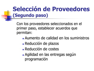 Selección de Proveedores
(Segundo paso)
Con los proveedores seleccionados en el
primer paso, establecer acuerdos que
permitan:
 Aumento de calidad en los suministros
 Reducción de plazos
 Reducción de costes
 Agilidad en las entregas según
programación
 