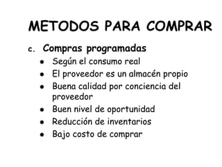 METODOS PARA COMPRAR
c. Compras programadas
 Según el consumo real
 El proveedor es un almacén propio
 Buena calidad por conciencia del
proveedor
 Buen nivel de oportunidad
 Reducción de inventarios
 Bajo costo de comprar
 