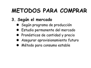 METODOS PARA COMPRAR
3. Según el mercado
 Según programa de producción
 Estudio permanente del mercado
 Pronósticos de cantidad y precio
 Asegurar aprovisionamiento futuro
 Método para consumo estable
 