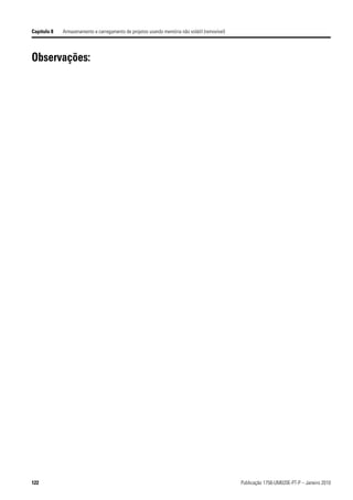 Capítulo 8   Armazenamento e carregamento de projetos usando memória não volátil (removível)




Observações:




122                                                                                            Publicação 1756-UM020E-PT-P – Janeiro 2010
 