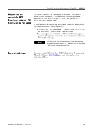 Alteração do tipo do controlador nos projetos RSLogix 5000   Apêndice C



Mudança de um                                Ao mudar de um tipo de controlador de segurança para outro, a
                                             classe de tags, as rotinas e os programas continuam inalterados.
controlador 1756                             Qualquer módulo de E/S que não for mais compatível com o
GuardLogix para um 1768                      controlador alvo será excluído.
GuardLogix ou vice-versa                     A representação do parceiro de segurança é atualizada para aparecer
                                             adequadamente para o controlador alvo.
                                                • Ao mudar para um controlador 1756 GuardLogix, o controlador
                                                  de segurança é criado no slot x (slot primário + 1).
                                                • Ao mudar para um controlador 1768 Compact GuardLogix, o
                                                  parceiro de segurança é removido, pois é interno ao controlador
                                                  Compact GuardLogix.

                                                 DICA        Um controlador 1756 GuardLogix suporta 100 programas de
                                                             segurança na tarefa de segurança, enquanto que o controlador
                                                             1768 Compact GuardLogix suporta 32.



Recursos adicionais                          Consulte o Logix5000 Controllers Add-On Instructions Programming
                                             Manual, publicação 1756-PM010 para mais informações sobre
                                             instruções add-on.




Publicação 1756-UM020E-PT-P – Janeiro 2010                                                                                        137
 