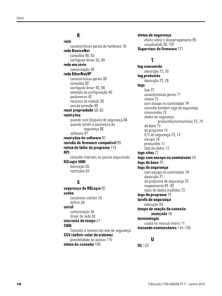 Índice




                  R                                      status de segurança
         rack                                                efeito sobre o descarregamento 95
              características gerais de hardware 18          visualizando 95, 107
         rede DeviceNet                                  Supervisor de firmware 121
              conexões 48, 93
              configurar driver 93, 94                            T
         rede em série                                   tag consumido
              comunicação 48                                 descrição 72, 76
         rede EtherNet/IP                                tag produzido
              características gerais 39                      descrição 72, 76
              conexões 92                                tags
              configurar driver 93, 94
                                                             lias 72
              exemplo de configuração 40
                                                             características gerais 71
              parâmetros 42
                                                             classe 75
              recursos do módulo 39
                                                             com escopo no controlador 74
              uso da conexão 40
                                                             consulte também tags de segurança
         reset propriedade 59, 62
                                                             consumidos 72
         restrições                                          dados de segurança
              quando com bloqueio de segurança 84                     produzidos/consumidos 73, 74
              quando existir a assinatura de                 de base 72
                       segurança 86                          do programa 74
              software 87                                    E/S de segurança 73, 74
         restrições do software 87                           escopo 74
         revisão de firmware compatível 95                   produzidos 72
         rotina de falha do programa 113                     tipo de dados 73
         RPI                                             tags alias 72
              consulte intervalo do pacote requisitado   tags com escopo no controlador 74
         RSLogix 5000                                    tags de base 72
              descrição 20                               tags de segurança
              restrições 87                                  com escopo no controlador 74
                                                             descrição 71
                  S                                          do programa de segurança 75
                                                             mapeamento 81–83
         segurança do RSLogix 85                             tipos de dados inválidos 73
         senha                                           tags do programa 74
             caracteres válidos 26                       tarefa de segurança
             definir 26                                      execução 69
         serial                                          tempo de reação da conexão
             comunicação 48                                       avançada 56
             driver de rede 93
                                                         terminologia
         sincronia de tempo 27
                                                             usada no manual inteiro 11
         SNN
                                                         trocando controladores 135–136
             Consulte o número da rede de segurança
         SSV (definir valor do sistema)
             possibilidade de acesso 115                          U
         status da conexão 109                           UL 123




142                                                            Publicação 1756-UM020E-PT-P – Janeiro 2010
 