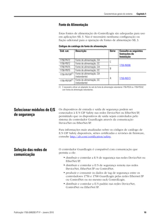 Características gerais do sistema       Capítulo 1



                                             Fonte de Alimentação

                                             Estas fontes de alimentação do ControlLogix são adequadas para uso
                                             em aplicações SIL 3. Não é necessário nenhuma configuração ou
                                             fiação adicional para a operação de fontes de alimentação SIL 3.

                                             Códigos de catálogo de fonte de alimentação
                                              Cód. cat.          Descrição                                  Série       Consulte as seguintes
                                                                                                                        Instruções de
                                                                                                                        Instalação
                                              1756-PA72     Fonte de alimentação, CA
                                                                                                            C
                                              1756-PB72     Fonte de alimentação, CC
                                                                                                                        1756-IN596
                                              1756-PA75     Fonte de alimentação, CA
                                                                                                            B
                                              1756-PB75     Fonte de alimentação, CC
                                              1756-PA75R(1) Fonte de alimentação, CA
                                                            (redundante)
                                                                                                            A           1756-IN573
                                              1756-PB75R(1) Fonte de alimentação, CC
                                                            (redundante)
                                             (1) É necessário utilizar um adaptador de rack de fonte de alimentação redundante 1756-PSCA ou 1756-PSCA2
                                                 com fontes de alimentação redundantes.




Selecionar módulos de E/S                    Os dispositivos de entrada e saída de segurança podem ser
                                             conectados à E/S CIP Safety nas redes DeviceNet ou EtherNet/IP,
de segurança                                 permitindo que os dispositivos de saída sejam controlados pelo
                                             sistema do controlador GuardLogix através da comunicação
                                             DeviceNet ou EtherNet/IP.

                                             Para informações mais atualizadas sobre os códigos de catálogo de
                                             E/S CIP Safety disponíveis, séries certificadas e revisões de firmware,
                                             consulte http://ab.com/certification/safety.



Seleção das redes de                         O controlador GuardLogix é compatível com comunicação que
                                             permita a ele:
comunicação
                                                  • distribuir e controlar a E/S de segurança nas redes DeviceNet ou
                                                    EtherNet/IP.
                                                  • distribuir e controlar a E/S de segurança remota nas redes
                                                    DeviceNet, EtherNet/IP ou ControlNet.
                                                  • produzir e consumir os dados de tag de segurança entre os
                                                    controladores 1756 e 1768 GuardLogix pelas redes Ethernet/IP
                                                    ou ControlNet ou no mesmo rack ControlLogix.
                                                  • distribuir e controlar a E/S padrão nas redes DeviceNet,
                                                    ControlNet ou EtherNet/IP.




Publicação 1756-UM020E-PT-P – Janeiro 2010                                                                                                               19
 
