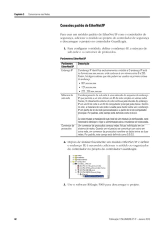 Capítulo 3   Comunicar-se nas Redes



                                      Conexões padrão de EtherNet/IP

                                      Para usar um módulo padrão de EtherNet/IP com o controlador de
                                      segurança, adicione o módulo ao projeto do controlador de segurança
                                      e descarregue o projeto no controlador GuardLogix.

                                        1. Para configurar o módulo, defina o endereço IP, a máscara de
                                           sub-rede e o conversor de protocolos.

                                      Parâmetros EtherNet/IP
                                      Parâmetro      Descrição
                                      EtherNet/IP
                                      Endereço IP    O endereço IP identifica exclusivamente o módulo e O endereço IP está
                                                     no formato xxx.xxx.xxx.xxx. onde cada xxx é um número entre 0 e 255.
                                                     Porém, há alguns valores que não podem ser usados na primeira oitava
                                                     do endereço.
                                                     • 001.xxx.xxx.xxx
                                                     • 127.xxx.xxx.xxx
                                                      • 223...255.xxx.xxx.xxx
                                      Máscara de     O endereçamento de sub-rede é uma extensão do esquema de endereço
                                      sub-rede       IP que permite a um site utilizar um ID de rede simples em várias redes
                                                     físicas. O roteamento externo do site continua pela divisão do endereço
                                                     IP em um ID de rede e um ID do computador principal pela classe. Dentro
                                                     do site, a máscara de sub-rede é usada para dividir outra vez o endereço
                                                     IP em parte de ID da rede personalizada e a parte de ID do computador
                                                     principal. Por padrão, este campo está definido como 0.0.0.0.

                                                     Se você mudar a máscara de sub-rede de um módulo já configurado, será
                                                     necessário desligar e ligar a alimentação para a mudança ser executada.
                                      Conversor de   Um conversor de protocolos conecta redes físicas individuais em um
                                      protocolos     sistema de redes. Quando um nó precisa se comunicar com outro em
                                                     outra rede, um conversor de protocolos transfere os dados entre as duas
                                                     redes. Por padrão, este campo está definido como 0.0.0.0.

                                        2. Depois de instalar fisicamente um módulo EtherNet/IP e definir
                                           o endereço IP, é necessário adicionar o módulo ao organizador
                                           do controlador no projeto do controlador GuardLogix.




                                        3. Use o software RSLogix 5000 para descarregar o projeto.




42                                                                                  Publicação 1756-UM020E-PT-P – Janeiro 2010
 