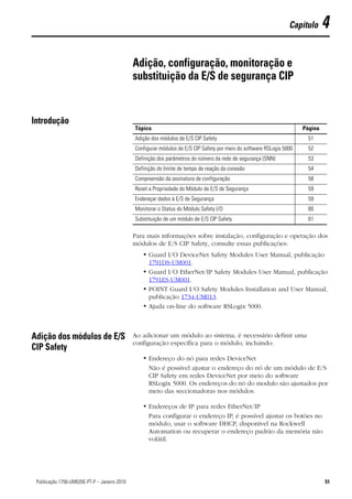 Capítulo      4

                                               Adição, configuração, monitoração e
                                               substituição da E/S de segurança CIP


Introdução
                                               Tópico                                                                   Página
                                               Adição dos módulos de E/S CIP Safety                                       51
                                               Configurar módulos de E/S CIP Safety por meio do software RSLogix 5000     52
                                               Definição dos parâmetros do número da rede de segurança (SNN)              53
                                               Definição do limite de tempo de reação da conexão                          54
                                               Compreensão da assinatura de configuração                                  58
                                               Reset a Propriedade do Módulo de E/S de Segurança                          59
                                               Endereçar dados à E/S de Segurança                                         59
                                               Monitorar o Status do Módulo Safety I/O                                    60
                                               Substituição de um módulo de E/S CIP Safety                                61

                                               Para mais informações sobre instalação, configuração e operação dos
                                               módulos de E/S CIP Safety, consulte essas publicações:
                                                  • Guard I/O DeviceNet Safety Modules User Manual, publicação
                                                    1791DS-UM001.
                                                  • Guard I/O EtherNet/IP Safety Modules User Manual, publicação
                                                    1791ES-UM001.
                                                  • POINT Guard I/O Safety Modules Installation and User Manual,
                                                    publicação 1734-UM013.
                                                  • Ajuda on-line do software RSLogix 5000.



Adição dos módulos de E/S                      Ao adicionar um módulo ao sistema, é necessário definir uma
                                               configuração específica para o módulo, incluindo:
CIP Safety
                                                  • Endereço do nó para redes DeviceNet
                                                    Não é possível ajustar o endereço do nó de um módulo de E/S
                                                    CIP Safety em redes DeviceNet por meio do software
                                                    RSLogix 5000. Os endereços do nó do modulo são ajustados por
                                                    meio das seccionadoras nos módulos.

                                                  • Endereços de IP para redes EtherNet/IP
                                                    Para configurar o endereço IP, é possível ajustar os botões no
                                                    módulo, usar o software DHCP, disponível na Rockwell
                                                    Automation ou recuperar o endereço padrão da memória não
                                                    volátil.




51Publicação 1756-UM020E-PT-P – Janeiro 2010                                                                                     51
 