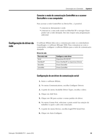 Comunicação com o Controlador   Capítulo 6



                                             Conectar o modo de comunicação ControlNet ou o scanner
                                             DeviceNet e o seu computador

                                             Para acessar a rede ControlNet ou DeviceNet , é possível:

                                                 • conectar-se diretamente à rede.
                                                 • conectar-se a uma rede serial ou EtherNet/IP e navegar (fazer
                                                   ponte) até a rede desejada. Isto não requer uma programação
                                                   adicional.



Configuração do driver da                    O software RSLinx lida com a comunicação entre os controladores
                                             GuardLogix e o software RSLogix 5000. Para comunicar-se com o
rede                                         controlador, configure o software RSLinx para a rede de comunicação
                                             desejada.

                                             Driver de rede

                                             Para esta rede          Configure o este driver
                                             Serial                  Dispositivos RS-232 DF1
                                             EtherNet/IP             Driver EtherNet/IP ou dispositivos Ethernet
                                             DeviceNet               Drivers DeviceNet
                                             ControlNet              Drivers ControlNet




                                             Configuração de um driver de comunicação serial

                                               1. Inicie o software RSLinx.

                                               2. No menu Communications, escolha Configure Drivers.

                                               3. A partir do menu Available Driver Types, escolha o drive.

                                               4. Clique em Add New.

                                               5. Clique em OK para aceitar o nome padrão do driver.

                                               6. No menu Comm Port, selecione a porta serial (na estação de
                                                  trabalho) à qual o cabo está conectado.

                                               7. A partir do menu Device, escolha Logix5550 Serial Port.

                                               8. Clique em Auto-Configure.




Publicação 1756-UM020E-PT-P – Janeiro 2010                                                                                  93
 