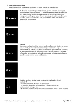 2- Objectivo de aprendizagem
       Veracidade, precisão, apresentação equilibrada das ideias, nível de detalhe adequado

                               Os objectivos da aprendizagem são declarados, quer no conteúdo acedido pelo
                               aluno ou em metadados disponíveis. Os objetivos de aprendizagem são adequados
                               para os alunos a que se destinam. As actividades de aprendizagem, conteúdos e
                               avaliações fornecidas pelo recurso alinham com os objectivos definidos. O recurso
                               educativo digital é suficiente em si para possibilitar aos alunos alcançarem os
                               objectivos de aprendizagem.




                               Exemplo
                               Num recurso educativo digital sobre a função cardíaca, sete das dez perguntas
                               num pós-teste, correspondem a uma animação que mostra a acção de
                               bombeamento do coração. Ao grupo dos alunos aos quais se destina o recurso,
                               seria altamente improvável, inferir a resposta a três das questões a partir das
                               informações apresentadas na animação, mesmo que as instruções impliquem
                               que não são necessários recursos adicionais.




                               Uma das seguintes características torna o recurso educativo digital
                               inutilizável.
                               • Não há aparentemente objectivos de aprendizagem.
                               • As avaliações, actividades de aprendizagem e outros conteúdos são
                               substancialmente incompatíveis.
                               • Os objectivos de aprendizagem não são adequados para os alunos a que se destinam.




Modelo adaptado Fernando Rui Campos , original Learning Object Review Instrument , Nesbit et al.         Página 2 de 9
 