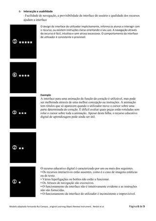 6- Interacção e usabilidade
            - Facilidade de navegação, a previsibilidade da interface do usuário e qualidade dos recursos
              ajudam a interface

                               O design da interface do utilizador implicitamente, informa os alunos a interagir com
                               o recurso, ou existem instruções claras orientando o seu uso. A navegação através
                               do recurso é fácil, intuitiva e sem atraso excessivos. O comportamento da interface
                               de utilizador é consistente e previsível.




                               Exemplo
                               A interface para uma animação da função do coração é utilizável, mas pode
                               ser melhorada através de uma melhor concepção ou instruções. A animação
                               tem rótulos que só aparecem quando o utilizador move o cursor sobre uma
                               parte determinada do coração. É difícil avaliar quais peças estão rotuladas sem
                               rolar o cursor sobre toda a animação. Apesar desta falha, o recurso educativo
                               digital de aprendizagem pode ainda ser útil.




                               O recurso educativo digital é caracterizado por um ou mais dos seguintes.
                               • Os recursos interactivos estão ausentes, como é o caso de imagens estáticas
                               ou de texto.
                               • Várias hiperligações ou botões não estão a funcionar.
                               • Os Atrasos de navegação são excessivos.
                               • O funcionamento da interface não é intuitivamente evidente e as instruções
                               não são fornecidas.
                               • O funcionamento da interface do utilizador é inconsistente e imprevisível.



Modelo adaptado Fernando Rui Campos , original Learning Object Review Instrument , Nesbit et al.          Página 6 de 9
 
