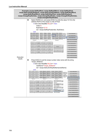 Lua Instruction Manual
104
Examples (recipe.SetRcpWord, recipe.SetRcpDWord, recipe.SetRcpFloat,
recipe.SetCurEnRcpNoName, recipe.SetCurEnRcpGName, recipe.SetEnRcpWord,
recipe.SetEnRcpDWord, recipe.SetEnRcpFloat, recipe.SetEnRcpAscii,
recipe.ChangeRcpNoIndex, recipe.ChangeRcpGIndex, recipe.ChangeEnRcpNoIndex,
recipe.ChangeEnRcpGIndex)
Execution
results
 Switch RCPG to 2, and press $100.2 to write the value 10.10 to the
address RCP3 of the recipe in units of Float.
if mem.inter.ReadBit(100,2)==1 then
index=3
floatValue=10.10
ret = recipe.SetRcpFloat(index, floatValue)
end
 Press $100.3 to set the recipe number index name with the string
“recipe_NoName”.
if mem.inter.ReadBit(100,3)==1 then
newName="recipe_NoName"
ret = recipe.SetCurEnRcpNoName(newName)
end
 