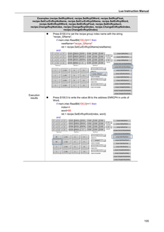 Lua Instruction Manual
105
Examples (recipe.SetRcpWord, recipe.SetRcpDWord, recipe.SetRcpFloat,
recipe.SetCurEnRcpNoName, recipe.SetCurEnRcpGName, recipe.SetEnRcpWord,
recipe.SetEnRcpDWord, recipe.SetEnRcpFloat, recipe.SetEnRcpAscii,
recipe.ChangeRcpNoIndex, recipe.ChangeRcpGIndex, recipe.ChangeEnRcpNoIndex,
recipe.ChangeEnRcpGIndex)
Execution
results
 Press $100.4 to set the recipe group index name with the string
“recipe_GName”.
if mem.inter.ReadBit(100,4)==1 then
newName="recipe_GName"
ret = recipe.SetCurEnRcpGName(newName)
end
 Press $100.5 to write the value 88 to the address ENRCP4 in units of
Word.
if mem.inter.ReadBit(100,5)==1 then
index=4
word=88
ret = recipe.SetEnRcpWord(index, word)
end
 