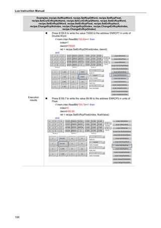 Lua Instruction Manual
106
Examples (recipe.SetRcpWord, recipe.SetRcpDWord, recipe.SetRcpFloat,
recipe.SetCurEnRcpNoName, recipe.SetCurEnRcpGName, recipe.SetEnRcpWord,
recipe.SetEnRcpDWord, recipe.SetEnRcpFloat, recipe.SetEnRcpAscii,
recipe.ChangeRcpNoIndex, recipe.ChangeRcpGIndex, recipe.ChangeEnRcpNoIndex,
recipe.ChangeEnRcpGIndex)
Execution
results
 Press $100.6 to write the value 70000 to the address ENRCP7 in units of
Double Word.
if mem.inter.ReadBit(100,6)==1 then
index=7
dword=70000
ret = recipe.SetEnRcpDWord(index, dword)
end
 Press $100.7 to write the value 99.99 to the address ENRCP5 in units of
Float.
if mem.inter.ReadBit(100,7)==1 then
index=5
dword=99.99
ret = recipe.SetEnRcpFloat(index, floatValue)
end
 