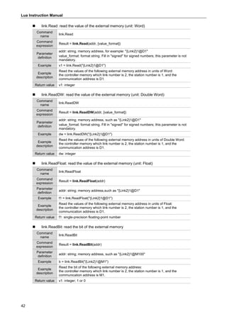 Lua Instruction Manual
42
 link.Read: read the value of the external memory (unit: Word)
Command
name
link.Read
Command
expression
Result = link.Read(addr, [value_format])
Parameter
definition
addr: string, memory address, for example: "{Link2}1@D1"
value_format: format string. Fill in "signed" for signed numbers; this parameter is not
mandatory.
Example v1 = link.Read("{Link2}1@D1")
Example
description
Read the values of the following external memory address in units of Word:
the controller memory which link number is 2, the station number is 1, and the
communication address is D1.
Return value v1: integer
 link.ReadDW: read the value of the external memory (unit: Double Word)
Command
name
link.ReadDW
Command
expression
Result = link.ReadDW(addr, [value_format])
Parameter
definition
addr: string; memory address, such as "{Link2}1@D1"
value_format: format string. Fill in "signed" for signed numbers; this parameter is not
mandatory.
Example dw = link.ReadDW("{Link2}1@D1")
Example
description
Read the values of the following external memory address in units of Double Word:
the controller memory which link number is 2, the station number is 1, and the
communication address is D1.
Return value dw: integer
 link.ReadFloat: read the value of the external memory (unit: Float)
Command
name
link.ReadFloat
Command
expression
Result = link.ReadFloat(addr)
Parameter
definition
addr: string; memory address,such as "{Link2}1@D1"
Example f1 = link.ReadFloat("{Link2}1@D1")
Example
description
Read the values of the following external memory address in units of Float:
the controller memory which link number is 2, the station number is 1, and the
communication address is D1.
Return value f1: single-precision floating-point number
 link.ReadBit: read the bit of the external memory
Command
name
link.ReadBit
Command
expression
Result = link.ReadBit(addr)
Parameter
definition
addr: string; memory address, such as "{Link2}1@M100"
Example b = link.ReadBit("{Link2}1@M1")
Example
description
Read the bit of the following external memory address:
the controller memory which link number is 2, the station number is 1, and the
communication address is M1.
Return value v1: integer; 1 or 0
 