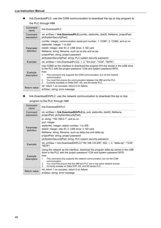 Lua Instruction Manual
46
 link.DownloadPLC: use the COM communication to download the isp or dvp program to
the PLC through HMI
Command
name
link.DownloadPLC
Command
expression
ret, errDesc = link.DownloadPLC(comNo, stationNo, diskID, fileName, projectPwd,
plcSystemSecurityPwd)
Parameter
definition
comNo: integer; communication serial port number, 1: COM1; 2: COM2, and so on
stationNo: integer: 1 to 255
diskID: integer; disk ID; 2: USB drive; 3: SD card
fileName: string; filename, such as ss.dvp and ss.isp
projectPwd: string; project password
plcSystemSecurityPwd: string; PLC system security password
Example ret, errDesc = link.DownloadPLC(2, 1, 2, "EH.dvp", "1234", "5678")
Example
description
Use COM2 as the interface to download the program EH.dvp stored in the USB drive
to the PLC with the project password 1234 and system password 5678.
Note:
1. This command only supports the COM communication, but not the network
communication.
2. You must first ensure the communication between the HMI and the PLC.
3. Currently available on Delta DVP, AS, and AH series PLC.
Return value
ret: return 1 on success; return 0 on failure
errDesc: string; error message
 link.DownloadEthPLC: use the network communication to download the isp or dvp
program to the PLC through HMI
Command
name
link.DownloadEthPLC
Command
expression
ret, errDesc = link.DownloadEthPLC(ip, port, stationNo, diskID, fileName,
projectPwd, plcSystemSecurityPwd)
Parameter
definition
ip: string; "192.168.0.1", and so on
port: integer
stationNo: integer; station number: 1 to 255
diskID: integer; disk ID; 2: USB drive; 3: SD card
fileName: string; filename, such as delta.dvp and delta.isp
projectPwd: string; project password
plcSystemSecurityPwd: string; PLC system security password
Example
ret, errDesc = link.DownloadEthPLC("192.168.123.205", 502, 1, 2, "delta.isp", "1234",
"5678")
Example
description
Using the network as the interface, download the program delta.isp stored in the USB
drive to the PLC with the project password 1234 and system password 5678.
Note:
1. This command only supports the network communication, but not the COM
communication.
2. You must first ensure that the HMI and PLC are in the same network domain.
3. Currently availale on Delta DVP, AS, and AH series PLC.
Return value
ret: return 1 on success; return 0 on failure
errDesc: string; error message
 