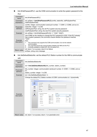 Lua Instruction Manual
47
 link.WritePasswordPLC: use the COM communication to write the system password to the
PLC
Command
name
link.WritePasswordPLC
Command
expression
ret, errDesc = link.WritePasswordPLC(comNo, stationNo, oldPlcSystemPwd,
newPlcSystemPwd)
Parameter
definition
comNo: integer; communication serial port number. 1: COM1; 2: COM2, and so on.
stationNo: integer: 1 to 255
oldPlcSystemPwd: string; the old PLC system security password
newPlcSystemPwd: string; the new PLC system security password
Example ret, errDesc = link.WritePasswordPLC(2, 1, "1234", "2222")
Example
description
Use COM2 as the interface to change the PLC password to 2222. If the PLC already
has a system password, the command checks whether the password matches
"1234".
Note:
1. This command only supports the COM communication, but not the network
communication.
2. You must first ensure the communication between the HMI and the PLC.
3. Currently available on Delta DVP, AS, AH series PLC.
Return value
ret: return 1 on success; return 0 on failure
errDesc: string; error message
 link.SetDefaultStationNo: set the default PLC Station number for the HMI to communicate
with
Command
name
link.SetDefaultStationNo
Command
expression
ret = link.SetDefaultStationNo(link_number, station_number)
Parameter
definition
link_number: integer; communication serial port number. 0: COM1; 1: COM2, and so
on.
station_number: integer: 1 to 255
Example ret = link.SetDefaultStationNo(0, 1)
Example
description
Change the default PLC Station number of COM1 communication to 1 dynamically.
Return value ret: return 1 on success; return -1 on parameter error
 