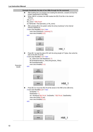 Lua Instruction Manual
62
Example (handshake the data of two HMIs through the file command)
Execution
results
 After building the Lua program and creating the elements, compile and load the
project respectively to the HMIs.
 When HMI #1 is booted, the HMI creates the DELTA.txt file in the internal
memory.
disk_id = 0
file_name = "DELTA.txt"
ret, fileHandle = file.Open(disk_id, file_name)
 After pressing $0.0, the system writes the string "posheng" to the internal
memory address $1.
if mem.inter.ReadBit(0,0)==1 then
mem.inter.WriteAscii(1,"posheng",7)
mem.inter.WriteBit(0,0,0)
end
 Press $0.1 to read the data of $1 with the string length of 7 bytes, then write the
data to the DELTA.txt file.
if mem.inter.ReadBit(0,1)==1 then
str_100w=mem.inter.ReadAscii(1,7)
file.Write(fileHandle,str_100w,string.len(str_100w))
file.Close(fileHandle)
mem.inter.WriteBit(0,1,0)
end
 Press $0.2 to move the DELTA.txt file stored in the HMI to the USB drive.
if mem.inter.ReadBit(0,2)==1 then
SrcDiskNo = 0
DestDiskNo = 2
ret = file.Move("DELTA.txt", SrcDiskNo, " DELTA.txt", DestDiskNo)
mem.inter.Write(100,ret)
mem.inter.WriteBit(0,2,0)
end
 