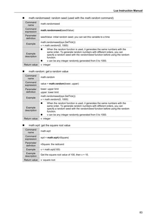 Lua Instruction Manual
83
 math.randomseed: random seed (used with the math.random command)
Command
name
math.randomseed
Command
expression
math.randomseed(seedValue)
Parameter
definition
seedValue: initial random seed; you can set this variable to a time
Example
math.randomseed(sys.GetTick())
v = math.random(0, 1000)
Example
description
 When the random function is used, it generates the same numbers with the
same order. To generate random numbers with different orders, you can
specify a random seed with the randomSeed function before using the random
function.
 v can be any integer randomly generated from 0 to 1000.
Return value v: integer
 math.random: get a random value
Command
name
math.random
Command
expression
value = math.random(lower, upper)
Parameter
definition
lower: upper limit
upper: lower limit
Example
math.randomseed(sys.GetTick())
v = math.random(0, 1000)
Example
description
 When the random function is used, it generates the same numbers with the
same order. To generate random numbers with different orders, you can
specify a random seed with the randomSeed function before using the random
function.
 v can be any integer randomly generated from 0 to 1000.
Return value v: integer
 math.sqrt: get the square root value
Command
name
math.sqrt
Command
expression
sqrt = math.sqrt(nSquare)
Parameter
definition
nSquare: the radicand
Example v = math.sqrt(100)
Example
description
Get the square root value of 100, then v = 10.
Return value v: square root
 