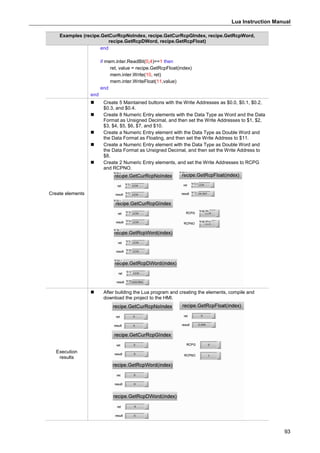 Lua Instruction Manual
93
Examples (recipe.GetCurRcpNoIndex, recipe.GetCurRcpGIndex, recipe.GetRcpWord,
recipe.GetRcpDWord, recipe.GetRcpFloat)
end
if mem.inter.ReadBit(0,4)==1 then
ret, value = recipe.GetRcpFloat(index)
mem.inter.Write(10, ret)
mem.inter.WriteFloat(11,value)
end
end
Create elements
 Create 5 Maintained buttons with the Write Addresses as $0.0, $0.1, $0.2,
$0.3, and $0.4.
 Create 8 Numeric Entry elements with the Data Type as Word and the Data
Format as Unsigned Decimal, and then set the Write Addresses to $1, $2,
$3, $4, $5, $6, $7, and $10.
 Create a Numeric Entry element with the Data Type as Double Word and
the Data Format as Floating, and then set the Write Address to $11.
 Create a Numeric Entry element with the Data Type as Double Word and
the Data Format as Unsigned Decimal, and then set the Write Address to
$8.
 Create 2 Numeric Entry elements, and set the Write Addresses to RCPG
and RCPNO.
Execution
results
 After building the Lua program and creating the elements, compile and
download the project to the HMI.
 