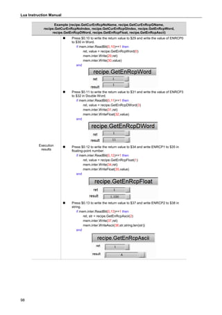 Lua Instruction Manual
98
Example (recipe.GetCurEnRcpNoName, recipe.GetCurEnRcpGName,
recipe.GetCurEnRcpNoIndex, recipe.GetCurEnRcpGIndex, recipe.GetEnRcpWord,
recipe.GetEnRcpDWord, recipe.GetEnRcpFloat, recipe.GetEnRcpAscii)
Execution
results
 Press $0.10 to write the return value to $29 and write the value of ENRCP0
to $30 in Word.
if mem.inter.ReadBit(0,10)==1 then
ret, value = recipe.GetEnRcpWord(0)
mem.inter.Write(29,ret)
mem.inter.Write(30,value)
end
 Press $0.11 to write the return value to $31 and write the value of ENRCP3
to $32 in Double Word.
if mem.inter.ReadBit(0,11)==1 then
ret, value = recipe.GetEnRcpDWord(3)
mem.inter.Write(31,ret)
mem.inter.WriteFloat(32,value)
end
 Press $0.12 to write the return value to $34 and write ENRCP1 to $35 in
floating-point number.
if mem.inter.ReadBit(0,12)==1 then
ret, value = recipe.GetEnRcpFloat(1)
mem.inter.Write(34,ret)
mem.inter.WriteFloat(35,value)
end
 Press $0.13 to write the return value to $37 and write ENRCP2 to $38 in
string.
if mem.inter.ReadBit(0,13)==1 then
ret, str = recipe.GetEnRcpAscii(2)
mem.inter.Write(37,ret)
mem.inter.WriteAscii(38,str,string.len(str))
end
 