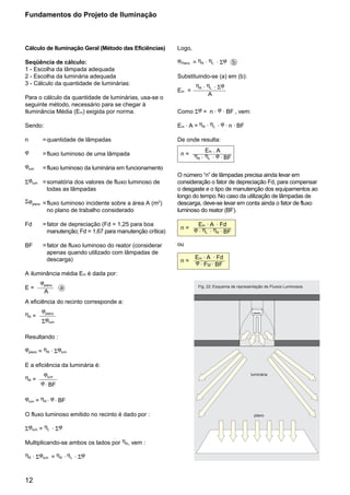 12
Cálculo de Iluminação Geral (Método das Eficiências)
Seqüência de cálculo:
1 - Escolha da lâmpada adequada
2 - Escolha da luminária adequada
3 - Cálculo da quantidade de luminárias:
Para o cálculo da quantidade de luminárias, usa-se o
seguinte método, necessário para se chegar à
Iluminância Média (Em) exigida por norma.
Sendo:
n =quantidade de lâmpadas
ϕ =fluxo luminoso de uma lâmpada
ϕlum =fluxo luminoso da luminária em funcionamento
Σϕlum =somatória dos valores de fluxo luminoso de
todas as lâmpadas
Σϕplano =fluxo luminoso incidente sobre a área A (m2
)
no plano de trabalho considerado
Fd =fator de depreciação (Fd = 1,25 para boa
manutenção; Fd = 1,67 para manutenção crítica)
BF =fator de fluxo luminoso do reator (considerar
apenas quando utilizado com lâmpadas de
descarga)
A iluminância média Em é dada por:
E =
ϕplano
a
A
A eficiência do recinto corresponde a:
ηR =
ϕplano
Σϕlum
Resultando :
ϕplano = ηR
. Σϕlum
E a eficiência da luminária é:
ηR =
ϕlum
ϕ. BF
ϕlum = ηR
. ϕ . BF
O fluxo luminoso emitido no recinto é dado por :
Σϕlum = ηL
. Σϕ
Multiplicando-se ambos os lados por ηR, vem :
ηR
. Σϕlum = ηR
. ηL
. Σϕ
Fundamentos do Projeto de Iluminação
Logo,
ϕPlano = ηR
. ηL
. Σϕ b
Substituindo-se (a) em (b):
Em =
ηR
. ηL
. Σϕ
A
Como Σϕ = n . ϕ . BF , vem:
Em
. A = ηR
. ηL
. ϕ . n . BF
De onde resulta:
n =
Em . A
ηR
. ηL
. ϕ . BF
O número “n” de lâmpadas precisa ainda levar em
consideração o fator de depreciação Fd, para compensar
o desgaste e o tipo de manutenção dos equipamentos ao
longo do tempo. No caso da utilização de lâmpadas de
descarga, deve-se levar em conta ainda o fator de fluxo
luminoso do reator (BF).
n =
Em
. A . Fd
ϕ . ηL
. ηR
. BF
ou
n =
Em
. A . Fd
ϕ . Fu . BF
Esquema de representação de Fluxos Luminosos.Fig. 22:
j luminária
j plano
j
OSRAM
 