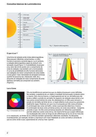 2
Fig. 2: Curva de sensibilidade do olho a
radiações monocromáticas.
100
80
%
60
40
20
0
300 400 500 600 700 nm
IV
380
Noite Dia
780
LuzUV
Conceitos básicos de Luminotécnica
Fig. 3: Composição das Cores
O que é Luz ?
Uma fonte de radiação emite ondas eletromagnéticas.
Elas possuem diferentes comprimentos, e o olho
humano é sensível a somente alguns. Luz é, portanto,
a radiação eletromagnética capaz de produzir uma
sensação visual (Figura 1). A sensibilidade visual para
a luz varia não só de acordo com o comprimento de
onda da radiação, mas também com a luminosidade.
A curva de sensibilidade do olho humano demonstra
que radiações de menor comprimento de onda (violeta
e azul) geram maior intensidade de sensação luminosa
quando há pouca luz (ex. crepúsculo, noite, etc.),
enquanto as radiações de maior comprimento de onda
(laranja e vermelho) se comportam ao contrário
(Figura 2).
Luz e Cores
Há uma tendência em pensarmos que os objetos já possuem cores definidas.
Na verdade, a aparência de um objeto é resultado da iluminação incidente sobre
o mesmo. Sob uma luz branca, a maçã aparenta ser de cor vermelha pois ela
tende a refletir a porção do vermelho do espectro de radiação absorvendo a luz
nos outros comprimentos de onda. Se utilizássemos um filtro para remover a
porção do vermelho da fonte de luz, a maçã refletiria muito pouca luz parecendo
totalmente negra. Podemos ver que a luz é composta por três cores primárias.
A combinação das cores vermelho, verde e azul permite obtermos o branco.
A combinação de duas cores primárias produz as cores secundárias - margenta,
amarelo e cyan. As três cores primárias dosadas em diferentes quantidades
permite obtermos outras cores de luz. Da mesma forma que surgem diferenças
na visualização das cores ao longo do dia (diferenças da luz do sol ao meio-dia
e no crepúsculo), as fontes de luz artificiais também apresentam diferentes resultados. As lâmpadas
incandescentes, por exemplo, tendem a reproduzir com maior fidelidade as cores vermelha e amarela do
que as cores verde e azul, aparentando ter uma luz mais “quente”.
Fig. 1: Espectro eletromagnético.
– 780
nm
– 610
– 590
– 570
– 500
– 450
– 380
10–15
10–11
10–9
10–7
10–5
10–3
10–3
103
10
107
107
109
1011
1013
nm
Ondas largas
Ondas médias
Ondas curtas
Ondas ultracurtas
Televisão
Radar
Infravermelho
Luz
Ultravioleta
Raios X
Raios gama
Raios cósmicos
 