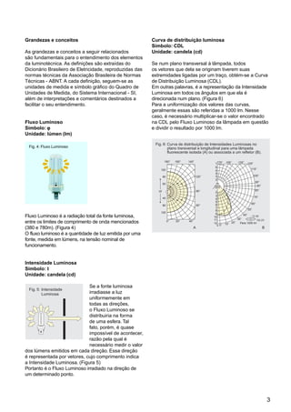 3
Fig. 5:
OSRAM
Intensidade
Luminosa
Curva de distribuição luminosa
Símbolo: CDL
Unidade: candela (cd)
Se num plano transversal à lâmpada, todos
os vetores que dela se originam tiverem suas
extremidades ligadas por um traço, obtém-se a Curva
de Distribuição Luminosa (CDL).
Em outras palavras, é a representação da Intensidade
Luminosa em todos os ângulos em que ela é
direcionada num plano. (Figura 6)
Para a uniformização dos valores das curvas,
geralmente essas são referidas a 1000 lm. Nesse
caso, é necessário multiplicar-se o valor encontrado
na CDL pelo Fluxo Luminoso da lâmpada em questão
e dividir o resultado por 1000 lm.
Grandezas e conceitos
As grandezas e conceitos a seguir relacionados
são fundamentais para o entendimento dos elementos
da luminotécnica. As definições são extraídas do
Dicionário Brasileiro de Eletricidade, reproduzidas das
normas técnicas da Associação Brasileira de Normas
Técnicas - ABNT. A cada definição, seguem-se as
unidades de medida e símbolo gráfico do Quadro de
Unidades de Medida, do Sistema Internacional - SI,
além de interpretações e comentários destinados a
facilitar o seu entendimento.
Fluxo Luminoso
Símbolo: ϕϕϕϕϕ
Unidade: lúmen (lm)
Fluxo Luminoso é a radiação total da fonte luminosa,
entre os limites de comprimento de onda mencionados
(380 e 780m). (Figura 4)
O fluxo luminoso é a quantidade de luz emitida por uma
fonte, medida em lúmens, na tensão nominal de
funcionamento.
Intensidade Luminosa
Símbolo: I
Unidade: candela (cd)
Se a fonte luminosa
irradiasse a luz
uniformemente em
todas as direções,
o Fluxo Luminoso se
distribuiria na forma
de uma esfera. Tal
fato, porém, é quase
impossível de acontecer,
razão pela qual é
necessário medir o valor
dos lúmens emitidos em cada direção. Essa direção
é representada por vetores, cujo comprimento indica
a Intensidade Luminosa. (Figura 5)
Portanto é o Fluxo Luminoso irradiado na direção de
um determinado ponto.
180° 160° 140°
120°
90°
60°
40°20°0°
120
80
40
60
80
120
cd
90°
95°
85°
100°
115°
125°135°155°175°
75°
65°
55°
45°
35°
25°
15°5°0
12
11
10
9
8
7
6
5
4
3
2
2
3
4
5
6
7
CO-180
C90-270
Para 1000 lm
BA
Fig. 6: Curva de distribuição de Intensidades Luminosas no
plano transversal e longitudinal para uma lâmpada
fluorescente isolada (A) ou associada a um refletor (B).
Fig. 4: Fluxo Luminoso
 