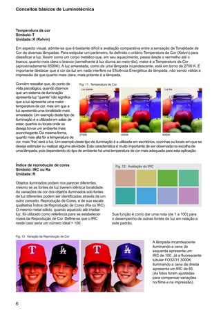 6
Fig. 12: Avaliação do IRC
Temperatura de cor
Símbolo:T
Unidade: K (Kelvin)
Em aspecto visual, admite-se que é bastante difícil a avaliação comparativa entre a sensação de Tonalidade de
Cor de diversas lâmpadas. Para estipular um parâmetro, foi definido o critério Temperatura de Cor (Kelvin) para
classificar a luz. Assim como um corpo metálico que, em seu aquecimento, passa desde o vermelho até o
branco, quanto mais claro o branco (semelhante à luz diurna ao meio-dia), maior é a Temperatura de Cor
(aproximadamente 6500K). A luz amarelada, como de uma lâmpada incandescente, está em torno de 2700 K. É
importante destacar que a cor da luz em nada interfere na Eficiência Energética da lâmpada, não sendo válida a
impressão de que quanto mais clara, mais potente é a lâmpada.
Convém ressaltar que, do ponto de
vista psicológico, quando dizemos
que um sistema de iluminação
apresenta luz “quente” não significa
que a luz apresenta uma maior
temperatura de cor, mas sim que a
luz apresenta uma tonalidade mais
amarelada.Um exemplo deste tipo de
iluminação é a utilizada em salas de
estar, quartos ou locais onde se
deseja tornar um ambiente mais
aconchegante. Da mesma forma,
quanto mais alta for a temperatura de
cor, mais “fria” será a luz. Um exemplo deste tipo de iluminação é a utilizada em escritórios, cozinhas ou locais em que se
deseja estimular ou realizar alguma atividade. Esta característica é muito importante de ser observada na escolha de
uma lâmpada, pois dependendo do tipo de ambiente há uma temperatura de cor mais adequada para esta aplicação.
A lâmpada incandescente
iluminando a cena da
esquerda apresenta um
IRC de 100. Já a fluorescente
tubular FO32/31 3000K
iluminando a cena da direita
apresenta um IRC de 85.
(As fotos foram ajustadas
para compensar variações
no filme e na impressão).
Conceitos básicos de Luminotécnica
Índice de reprodução de cores
Símbolo: IRC ou Ra
Unidade: R
Objetos iluminados podem nos parecer diferentes,
mesmo se as fontes de luz tiverem idêntica tonalidade.
As variações de cor dos objetos iluminados sob fontes
de luz diferentes podem ser identificadas através de um
outro conceito, Reprodução de Cores, e de sua escala
qualitativa Índice de Reprodução de Cores (Ra ou IRC).
O mesmo metal sólido, quando aquecido até irradiar
luz, foi utilizado como referência para se estabelecer
níveis de Reprodução de Cor. Define-se que o IRC
neste caso seria um número ideal = 100.
Sua função é como dar uma nota (de 1 a 100) para
o desempenho de outras fontes de luz em relação a
este padrão.
2700K 4000K 6000K
Fig. 11: Temperatura de Cor.
Fig. 13: Variação da Reprodução de Cor
Luz quente Luz fria
 