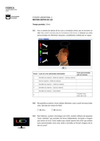 ESTAÇÃO LABORATORIAL 3
MISTURA ADITIVA DE LUZ
Tempo previsto: 10min
3.1	 Use a caixinha de adição de luz e/ou a simulação virtual, que se encontra no
sítio http://phet.colorado.edu/en/simulation/color-vision, e observe as cores
percecionadas em diferentes situações, completando a tabela que se segue.
Ensaio Luzes de cores adicionadas (intensidade)
Cores percecionadas
pelo ser humano
1 Vermelho (no máximo) + Verde (no máximo) + Azul (no máximo)
2 Azul (no máximo) + Verde (no máximo)
3 Vermelho (no máximo) + Verde (no máximo)
4 Vermelho (no máximo) + Azul (no máximo)
5 Vermelho (no máximo) + Azul (médio)
6
“Cinzento” claro
(nota: não é cor)
3.2	 Na experiência anterior, foram obtidas diferentes cores a partir de luzes/radia-
ções. Que tipo de mistura foi feita?
(A) Aditiva (B) Subtrativa
3.3	 Num televisor, usando a tecnologia com LEDs, existem milhares de pequenas
“luzes coloridas” que acendem de forma independente, formando a imagem
que vemos no ecrã. Como explica que usando apenas três LEDs que emitem
luzes percecionadas como azul, verde e vermelha se formem imagens de to-
das as cores?
 