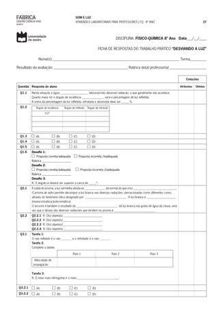 SOM E LUZ
ATIVIDADES LABORATORIAIS PARA PROFESSORES | FQ - 8º ANO 37
DISCIPLINA: FÍSICO-QUÍMICA 8º Ano Data___/__/____
FICHA DE RESPOSTAS DO TRABALHO PRÁTICO “DESVIANDO A LUZ”
Nome(s):_____________________________________________________________________ Turma_________
Resultado da avaliação: ________________________________________ Rubrica do(a) professor(a) ____________________
Cotações
Questão Resposta do aluno Atribuídas Obtidas
Q1.1 Nesta situação a água ___________________ (absorve/não absorve) radiação, o que geralmente não acontece.
Quanto maior for o ângulo de incidência _______________ será a percentagem de luz refletida.
A soma da percentagem da luz refletida, refratada e absorvida deve ser _____ %.
Q1.2 Ângulo de incidência Ângulo de reflexão Ângulo de refração
0,0º
Q1.3 (A) (B) (C) (D)
Q1.4 (A) (B) (C) (D)
Q1.5 (A) (B) (C) (D)
Q1.6 Desafio 1:
Proposta correta/adequada Proposta incorreta /inadequada
Rubrica ____________________
Desafio 2:
Proposta correta/adequada Proposta incorreta /inadequada
Rubrica ____________________
Desafio 3:
R: O ângulo deverá ser superior a cerca de _____º.
Q2.1 À saída do prisma, a luz vermelha afasta-se ______________ da normal do que a luz _____________________________.
O prisma de vidro permite decompor a luz branca nas diversas radiações, percecionadas como diferentes cores,
através do fenómeno ótico designado por ____________________________. A luz branca é ____________________
(monocromática/policromática).
O arco-íris é também o resultado da ____________________________ da luz branca nas gotas de água da chuva, uma
vez que o desvio das diversas radiações que incidem no prisma é ____________________________.
Q2.2 Q2.2.1 R: O(s) objeto(s) __________________________.
Q2.2.2 R: O(s) objeto(s) __________________________.
Q2.2.3 R: O(s) objeto(s) __________________________.
Q2.2.4 R: O(s) objeto(s) __________________________.
Q3.1 Tarefa 1:
O raio refletido é o raio _______ e o refratado é o raio _______.
Tarefa 2:
Complete a tabela:
Raio 1 Raio 2 Raio 3
Velocidade de
propagação
Tarefa 3:
R: O meio mais refringente é o meio ____________________________.
Q3.2.1 (A) (B) (C) (D)
Q3.2.2 (A) (B) (C) (D)
 