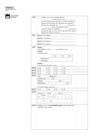 Q2.1 ›› À saída do prisma, a luz vermelha afasta-se
_________________ da normal do que a luz ________________ .
›› O prisma de vidro permite decompor a luz branca nas diversas
radiações, percecionadas como diferentes cores, através do
fenómeno ótico designado por ______________. A luz branca é
_______________ (monocromática/policromática).
›› O arco-íris é também o resultado da ____________ da luz branca
nas gotas de água da chuva, uma vez que desvio das diversas
radiações que incidem no prisma é ________________________.
Q2.2 Q2.2.1 R: O(s) objeto(s) ______________________________________.
Q2.2.2 R: O(s) objeto(s) ______________________________________.
Q2.2.3 R: O(s) objeto(s) ______________________________________.
Q2.2.4 R: O(s) objeto(s) ______________________________________.
Q3.1 Tarefa 1
O raio refletido é o raio ________ e o refratado é o raio ________.
Tarefa 2
Complete a tabela:
Raio 1 Raio 2 Raio 3
Velocidade de
propagação
Tarefa 3
R: O meio mais refringente é o meio ____________________________.
Q3.2.1 (A) (B) (C) (D)
Q3.2.2 (A) (B) (C) (D)
Q3.3.1 (A) (B) (C) (D)
Q3.3.2
Tipo Ângulo ( )/ º
Incidência ( i) 20,0
Reflexão 40,0
Refração ( r) 90,0
R: O valor do ângulo crítico é de ____.
Q3.3.3 (A) (B) (C) (D)
Q3.3.4
Ângulo de … Cálculo
sin r
sin r
Índice (n)
n___
n___
___
___
( i)
refração
( r)
sin i sin r n___ n___
90,0º 1,000
Q3.3.5 Investigue o que é a Lei de Snell-Descartes e apresente três ideias
importantes sobre esta lei.
 