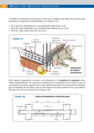 110   Manual del Maestro Constructor




      el debido recubrimiento de concreto. Para esto, se deben usar dados de concreto que
      permitan los siguientes recubrimientos (ver ﬁgura 119):

      • En vigas de conﬁnamiento, el recubrimiento debe tener 3 cm.
      • Para las vigas peraltadas, este recubrimiento deberá ser de 4 cm.
      • Para las vigas chatas, bastará con 2 cm.


          FIGURA 119                                             El ﬁerro no
                                     Viga de                     debe tocar       Dado de concreto
                                  conﬁnamiento                  al encofrado
                        Empalme
                                                                                            Viga peraltada
                             Estribos
        Recubrimiento




                                                                     Encofrado             ARMADURAS
                     Muro                                                                  DE FIERRO Y
                            Dado de                              Detalle
                                                                                           ENCOFRADOS.
                            concreto                           del doblado


      Otro aspecto importante a revisar, es la ubicación y la longitud de empalme entre
      barras longitudinales. En cuanto a la ubicación, los empalmes de los ﬁerros, que se
      encuentran en la parte superior de la viga, deberán hacerse en la zona central; mientras
      que el empalme de los ﬁerros, que se encuentran en la parte inferior de la viga, deberá
      hacerse cerca de sus extremos (ver ﬁgura 120).


            FIGURA 120                  ZONAS RECOMENDABLES PARA EMPALMES.

                                         L/3             L/3             L/3

              Columna                                    m

                                               m                                                     h
                                        L/4        L/4         L/4          L/4

                                                                     Viga
 