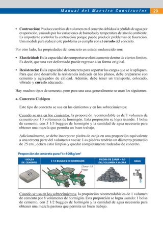 Manual del Maestro Constructor                               29



• Contracción: Produce cambios de volumen en el concreto debido a la pérdida de agua por
  evaporación, causada por las variaciones de humedad y temperatura del medio ambiente.
  Es importante controlar la contracción porque puede producir problemas de ﬁsuración.
  Una medida para reducir este problema es cumplir con el curado del concreto.

Por otro lado, las propiedades del concreto en estado endurecido son:

• Elasticidad: Es la capacidad de comportarse elásticamente dentro de ciertos límites.
  Es decir, que una vez deformado puede regresar a su forma original.

• Resistencia: Es la capacidad del concreto para soportar las cargas que se le apliquen.
  Para que éste desarrolle la resistencia indicada en los planos, debe prepararse con
  cemento y agregados de calidad. Además, debe tener un transporte, colocado,
  vibrado y curado adecuado.

Hay muchos tipos de concreto, pero para una casa generalmente se usan los siguientes:

a. Concreto Ciclópeo

  Este tipo de concreto se usa en los cimientos y en los sobrecimientos:

  Cuando se usa en los cimientos, la proporción recomendable es de 1 volumen de
  cemento por 10 volúmenes de hormigón. Esta proporción se logra usando: 1 bolsa
  de cemento, con 3 1/3 buggies de hormigón y la cantidad de agua necesaria para
  obtener una mezcla que permita un buen trabajo.

  Adicionalmente, se debe incorporar piedra de zanja en una proporción equivalente
  a una tercera parte del volumen a vaciar. Las piedras tendrán un diámetro promedio
  de 25 cm., deben estar limpias y quedar completamente rodeadas de concreto.

 Proporción de concreto para f’c=100kg/cm2
      1 BOLSA                                             PIEDRA DE ZANJA = 1/3
                       3 1/3 BUGGIES DE HORMIGÓN                                  AGUA
    DE CEMENTO                                            DEL VOLUMEN A VACIAR
                                             Llenar 1/3
                                             buggy




  Cuando se usa en los sobrecimientos, la proporción recomendable es de 1 volumen
  de cemento por 8 volúmenes de hormigón. Esta proporción se logra usando: 1 bolsa
  de cemento, con 2 1/2 buggies de hormigón y la cantidad de agua necesaria para
  obtener una mezcla pastosa que permita un buen trabajo.
 