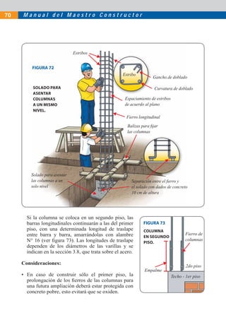 70   Manual del Maestro Constructor




                               Estribos


         FIGURA 72
                                                     Estribo
                                                                      Gancho de doblado

          SOLADO PARA                                                  Curvatura de doblado
          ASENTAR
          COLUMNAS                                    Espaciamiento de estribos
          A UN MISMO                                  de acuerdo al plano
          NIVEL.
                                                       Fierro longitudinal
                                                        Balízas para ﬁjar
                                                        las columnas




         Solado para asentar
         las columnas a un                                Separación entre el ﬁerro y
         solo nivel                                       el solado con dados de concreto
                                                          10 cm de altura




       Si la columna se coloca en un segundo piso, las
       barras longitudinales continuarán a las del primer        FIGURA 73
       piso, con una determinada longitud de traslape            COLUMNA
       entre barra y barra, amarrándolas con alambre                                     Fierro de
                                                                 EN SEGUNDO
       N° 16 (ver ﬁgura 73). Las longitudes de traslape                                  columnas
                                                                 PISO.
       dependen de los diámetros de las varillas y se
       indican en la sección 3.8, que trata sobre el acero.

     Consideraciones:
                                                                                          2do piso
                                                                 Empalme
     • En caso de construir sólo el primer piso, la                               Techo - 1er piso
       prolongación de los ﬁerros de las columnas para
       una futura ampliación deberá estar protegida con
       concreto pobre, esto evitará que se oxiden.
 