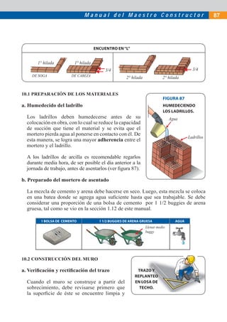 Manual del Maestro Constructor                                         87




                                     ENCUENTRO EN “L”


       1° hilada         1° hilada
                                          3/4                                              3/4
    DE SOGA            DE CABEZA
                                                     2° hilada             2° hilada


10.1 PREPARACIÓN DE LOS MATERIALES
                                                                           FIGURA 87
a. Humedecido del ladrillo                                                 HUMEDECIENDO
                                                                           LOS LADRILLOS.
  Los ladrillos deben humedecerse antes de su                                   Agua
  colocación en obra, con lo cual se reduce la capacidad
  de succión que tiene el material y se evita que el
  mortero pierda agua al ponerse en contacto con él. De
                                                                                         Ladrillos
  esta manera, se logra una mayor adherencia entre el
  mortero y el ladrillo.

  A los ladrillos de arcilla es recomendable regarlos
  durante media hora, de ser posible el día anterior a la
  jornada de trabajo, antes de asentarlos (ver ﬁgura 87).

b. Preparado del mortero de asentado

  La mezcla de cemento y arena debe hacerse en seco. Luego, esta mezcla se coloca
  en una batea donde se agrega agua suﬁciente hasta que sea trabajable. Se debe
  considerar una proporción de una bolsa de cemento por 1 1/2 buggies de arena
  gruesa, tal como se vio en la sección 1.12 de este manual.

        1 BOLSA DE CEMENTO             1 1/2 BUGGIES DE ARENA GRUESA              AGUA
                                                                 Llenar medio
                                                                 buggy




10.2 CONSTRUCCIÓN DEL MURO

a. Veriﬁcación y rectiﬁcación del trazo                    TRAZO Y
                                                          REPLANTEO
  Cuando el muro se construye a partir del                EN LOSA DE
  sobrecimiento, debe revisarse primero que                 TECHO.
  la superﬁcie de éste se encuentre limpia y
 
