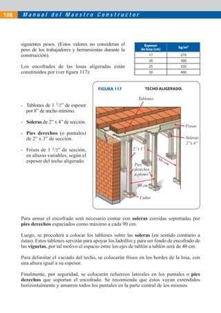 M a n u a l d e l M a e s t r o C o n s t r u c t o r
Frisos
Tablones
Soleras
2”x 4”
2”x 3”
Cuñas
90 cm
80 cmPies
derechos
a plomo
siguientes pesos. (Estos valores no consideran el
peso de los trabajadores y herramientas durante la
construcción).
Los encofrados de las losas aligeradas están
constituidos por (ver ﬁgura 117):
- Tablones de 1 1/2” de espesor
por 8” de ancho mínimo.
- Soleras de 2” x 4” de sección.
- Pies derechos (o puntales)
de 2” x 3” de sección.
- Frisos de 1 1/2” de sección,
en alturas variables, según el
espesor del techo aligerado.
Para armar el encofrado será necesario contar con soleras corridas soportadas por
pies derechos espaciados como máximo a cada 90 cm.
Luego, se procederá a colocar los tablones sobre las soleras (en sentido contrario a
éstas). Estos tablones servirán para apoyar los ladrillos y para ser fondo de encofrado de
las viguetas, por tal motivo el espacio entre los ejes de tablón a tablón será de 40 cm.
Para delimitar el vaciado del techo, se colocarán frisos en los bordes de la losa, con
una altura igual a su espesor.
Finalmente, por seguridad, se colocarán refuerzos laterales en los puntales o pies
derechos que soportan el encofrado. Se recomienda que éstos vayan extendidos
horizontalmente y amarren todos los puntales en la parte central de los mismos.
FIGURA 117 TECHO ALIGERADO.
Espesor
de losa (cm)
kg/m2
17 270
20 300
25 350
30 400
108
 