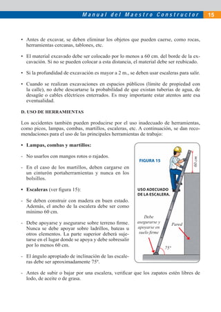M a n u a l d e l M a e s t r o C o n s t r u c t o r 15
• Antes de excavar, se deben eliminar los objetos que pueden caerse, como rocas,
herramientas cercanas, tablones, etc.
• El material excavado debe ser colocado por lo menos a 60 cm. del borde de la ex-
cavación. Si no se pueden colocar a esta distancia, el material debe ser reubicado.
• Si la profundidad de excavación es mayor a 2 m., se deben usar escaleras para salir.
• Cuando se realizan excavaciones en espacios públicos (límite de propiedad con
la calle), no debe descartarse la probabilidad de que existan tuberías de agua, de
desagüe o cables eléctricos enterrados. Es muy importante estar atentos ante esa
eventualidad.
D. USO DE HERRAMIENTAS
Los accidentes también pueden producirse por el uso inadecuado de herramientas,
como picos, lampas, combas, martillos, escaleras, etc. A continuación, se dan reco-
mendaciones para el uso de las principales herramientas de trabajo:
• Lampas, combas y martillos:
- No usarlos con mangos rotos o rajados.
- En el caso de los martillos, deben cargarse en
un cinturón portaherramientas y nunca en los
bolsillos.
• Escaleras (ver ﬁgura 15):
- Se deben construir con madera en buen estado.
Además, el ancho de la escalera debe ser como
mínimo 60 cm.
- Debe apoyarse y asegurarse sobre terreno ﬁrme.
Nunca se debe apoyar sobre ladrillos, bateas u
otros elementos. La parte superior deberá suje-
tarse en el lugar donde se apoya y debe sobresalir
por lo menos 60 cm.
- El ángulo apropiado de inclinación de las escale-
ras debe ser aproximadamente 75º.
- Antes de subir o bajar por una escalera, veriﬁcar que los zapatos estén libres de
lodo, de aceite o de grasa.
Debe
asegurarse y
apoyarse en
suelo ﬁrme
60cm
75°
USO ADECUADO
DE LA ESCALERA.
FIGURA 15
Pared
 