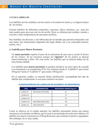 M a n u a l d e l M a e s t r o C o n s t r u c t o r22
1.9 LOS LADRILLOS
Los ladrillos son las unidades con las cuales se levantan los muros y se aligera el peso
de los techos.
Existen ladrillos de diferentes materiales: concreto, silício calcáreos, etc., pero los
más usados para una casa son los de arcilla. Éstos se obtienen por moldeo, secado y
cocción a altas temperaturas de una pasta arcillosa.
Sus medidas son diversas y son fabricados de un tamaño que permita manejarlos con
una mano. Sus dimensiones dependen del lugar donde van a ser colocados (muros,
techos, etc.).
a. Ladrillo para Muros Portantes
Un muro portante soporta el peso de la estructura de una casa y resiste la fuerza
de los sismos. Se les reconoce porque las viguetas* de los techos se apoyan
transversalmente a ellos. Por esta razón, los ladrillos que se utilicen deben ser de
muy buena calidad.
Los ladrillos para muros portantes se pueden clasiﬁcar en cinco tipos de acuerdo
a su resistencia a la compresión (f’b). Así, tenemos desde el “Ladrillo I” que resiste
50 kg/cm2
hasta el “Ladrillo V” que resiste 180 kg/cm2
.
En el siguiente cuadro, se muestra dicha clasiﬁcación, acompañada del tipo de
ladrillo que comúnmente se usa para construir un muro.
CLASIFICACIÓN DE LOS LADRILLOS DE ACUERDO A SU RESISTENCIA
TIPO DENOMINACIÓN RESISTENCIA UNIDAD (kg/cm2
)
LADRILLO I KING KONG ARTESANAL 50
LADRILLO II 70
LADRILLO III 95
LADRILLO IV KING KONG INDUSTRIAL 130
LADRILLO V KING KONCRETO 180
Como se observa en el cuadro anterior, los ladrillos artesanales tienen una menor
resistencia a los hechos en fábrica, por lo cual se recomienda el uso de estos últimos. El
ladrillo con mayor resistencia es el King Koncreto, que contiene cemento y agregados.
Sin embargo, no es muy usado.
*(ver glosario)
 