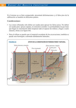 M a n u a l d e l M a e s t r o C o n s t r u c t o r62
Si el terreno no es bien compactado, presentará deformaciones y el falso piso de la
ediﬁcación se hundirá en diferentes puntos.
Consideraciones:
• Las zonas rellenadas sólo deben ser usadas para apoyar los falsos pisos. No deben
ser usadas para apoyar zapatas, ni cimientos corridos. La profundidad a la que tiene
que llegar la cimentación debe traspasar todo el espesor de relleno y llegar a suelo
natural y ﬁrme (ver ﬁgura 64).
• Para el relleno se puede usar el material excedente de las excavaciones; también se
puede usar hormigón o aﬁrmado debidamente húmedos.
Sobrecimientos armados Sobrecimientos simples
Contra pisoPiso terminado
Terreno natural y ﬁrme
Cimientos
Suelo
Compactado
Alturamayora1m
Alturamenora1m
Suelo
Compactado
Suelo
Compactado
Cimientos
Falso piso
FIGURA 64 APOYO DE LA CIMENTACIÓN EN TERRENO FIRME Y NATURAL.
 