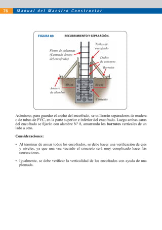 M a n u a l d e l M a e s t r o C o n s t r u c t o r76
Asimismo, para guardar el ancho del encofrado, se utilizarán separadores de madera
o de tubos de PVC, en la parte superior e inferior del encofrado. Luego ambas caras
del encofrado se ﬁjarán con alambre N° 8, amarrando los barrotes verticales de un
lado a otro.
Consideraciones:
• Al terminar de armar todos los encofrados, se debe hacer una veriﬁcación de ejes
y niveles, ya que una vez vaciado el concreto será muy complicado hacer las
correcciones.
• Igualmente, se debe veriﬁcar la verticalidad de los encofrados con ayuda de una
plomada.
Fierro de columnas
(Centrado dentro
del encofrado)
Amarre
de alambre
Cimiento
Barrotes
Tablas de
encofrado
40 cm 40 cm
Dados
de concreto
FIGURA 80 RECUBRIMIENTO Y SEPARACIÓN.
 