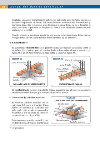 M a n u a l d e l M a e s t r o C o n s t r u c t o r88
El emplantillado es muy importante porque garantiza que el muro se construya
exactamente sobre los ejes que se especiﬁcan en los planos.
c. Colocación de ladrillos maestros
Se colocan ladrillos maestros en los
extremos del muro a levantar. Éstos
deben ser ubicados y asentados con
toda perfección, es decir, aplomados,
nivelados y con la altura de junta co-
rrespondiente (ver ﬁgura 90).
Posteriormente, se estira un cordel entre
los ladrillos maestros para asentar cada
nivelada. Cualquier imperfección deberá ser rellenada con mortero. Luego, se
procede a replantear el diseño del sobrecimiento, revisando sus dimensiones y
marcando todas las referencias que delimitan la zona donde se va a levantar el
muro, así como la posición de las puertas. Para ello es necesario contar con plo-
mada, nivel y cordel.
Cuando el muro se construye a partir de una losa de techo, también se deben marcar
los ejes donde se van a construir los muros ayudado de un tiralíneas.
b. Emplantillado*
Se denomina emplantillado a la primera hilada de ladrillos colocados sobre la
superﬁcie. En el primer piso, el emplantillado se hace sobre el sobrecimiento (ver
ﬁgura 88); en un piso superior, se hace sobre la losa (ver ﬁgura 89).
FIGURA 88
FIGURA 90
EMPLANTILLADO EN LOSA.EMPLANTILLADO EN SOBRECIMIENTO.
Fierro de columna
Losa de techo
Nivel
Primera Hilada
de ladrillos
1er Piso
Losa
Fierro de columna
Sobrecimiento
Primera hilada de
ladrillos
COLOCACIÓN DE LADRILLOS MAESTROS.
FIGURA 89
Ladrillo maestro
Sobrecimiento
Mezcla
Cordel guía
Nivel
*(ver glosario)
 