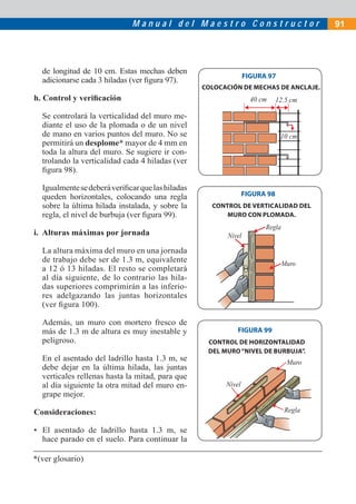 M a n u a l d e l M a e s t r o C o n s t r u c t o r 91
10 cm
12.5 cm40 cm
Nivel
Regla
Muro
FIGURA 97
FIGURA 98
FIGURA 99
de longitud de 10 cm. Estas mechas deben
adicionarse cada 3 hiladas (ver ﬁgura 97).
h. Control y veriﬁcación
Se controlará la verticalidad del muro me-
diante el uso de la plomada o de un nivel
de mano en varios puntos del muro. No se
permitirá un desplome* mayor de 4 mm en
toda la altura del muro. Se sugiere ir con-
trolando la verticalidad cada 4 hiladas (ver
ﬁgura 98).
Igualmentesedeberáveriﬁcarquelashiladas
queden horizontales, colocando una regla
sobre la última hilada instalada, y sobre la
regla, el nivel de burbuja (ver ﬁgura 99).
i. Alturas máximas por jornada
La altura máxima del muro en una jornada
de trabajo debe ser de 1.3 m, equivalente
a 12 ó 13 hiladas. El resto se completará
al día siguiente, de lo contrario las hila-
das superiores comprimirán a las inferio-
res adelgazando las juntas horizontales
(ver ﬁgura 100).
Además, un muro con mortero fresco de
más de 1.3 m de altura es muy inestable y
peligroso.
En el asentado del ladrillo hasta 1.3 m, se
debe dejar en la última hilada, las juntas
verticales rellenas hasta la mitad, para que
al día siguiente la otra mitad del muro en-
grape mejor.
Consideraciones:
• El asentado de ladrillo hasta 1.3 m, se
hace parado en el suelo. Para continuar la
COLOCACIÓN DE MECHAS DE ANCLAJE.
CONTROL DE VERTICALIDAD DEL
MURO CON PLOMADA.
CONTROL DE HORIZONTALIDAD
DEL MURO“NIVEL DE BURBUJA”.
Muro
Regla
Nivel
*(ver glosario)
 