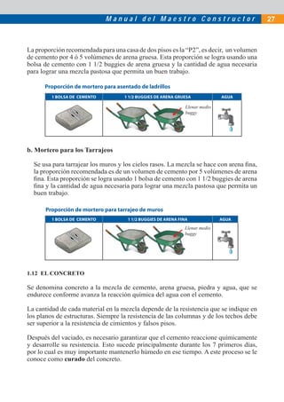 M a n u a l d e l M a e s t r o C o n s t r u c t o r 27
La proporción recomendada para una casa de dos pisos es la “P2”, es decir, un volumen
de cemento por 4 ó 5 volúmenes de arena gruesa. Esta proporción se logra usando una
bolsa de cemento con 1 1/2 buggies de arena gruesa y la cantidad de agua necesaria
para lograr una mezcla pastosa que permita un buen trabajo.
b. Mortero para los Tarrajeos
Se usa para tarrajear los muros y los cielos rasos. La mezcla se hace con arena ﬁna,
la proporción recomendada es de un volumen de cemento por 5 volúmenes de arena
ﬁna. Esta proporción se logra usando 1 bolsa de cemento con 1 1/2 buggies de arena
ﬁna y la cantidad de agua necesaria para lograr una mezcla pastosa que permita un
buen trabajo.
1.12 EL CONCRETO
Se denomina concreto a la mezcla de cemento, arena gruesa, piedra y agua, que se
endurece conforme avanza la reacción química del agua con el cemento.
La cantidad de cada material en la mezcla depende de la resistencia que se indique en
los planos de estructuras. Siempre la resistencia de las columnas y de los techos debe
ser superior a la resistencia de cimientos y falsos pisos.
Después del vaciado, es necesario garantizar que el cemento reaccione químicamente
y desarrolle su resistencia. Esto sucede principalmente durante los 7 primeros días,
por lo cual es muy importante mantenerlo húmedo en ese tiempo. A este proceso se le
conoce como curado del concreto.
1 BOLSA DE CEMENTO 1 1/2 BUGGIES DE ARENA GRUESA AGUA
Proporción de mortero para asentado de ladrillos
Llenar medio
buggy
L
b
1 BOLSA DE CEMENTO 1 1/2 BUGGIES DE ARENA FINA AGUA
Proporción de mortero para tarrajeo de muros
Llenar medio
buggy
L
b
 